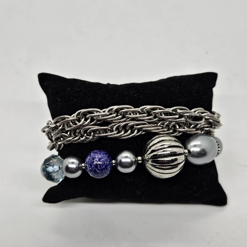 silver tone chain layered bracelet with beaded strand
